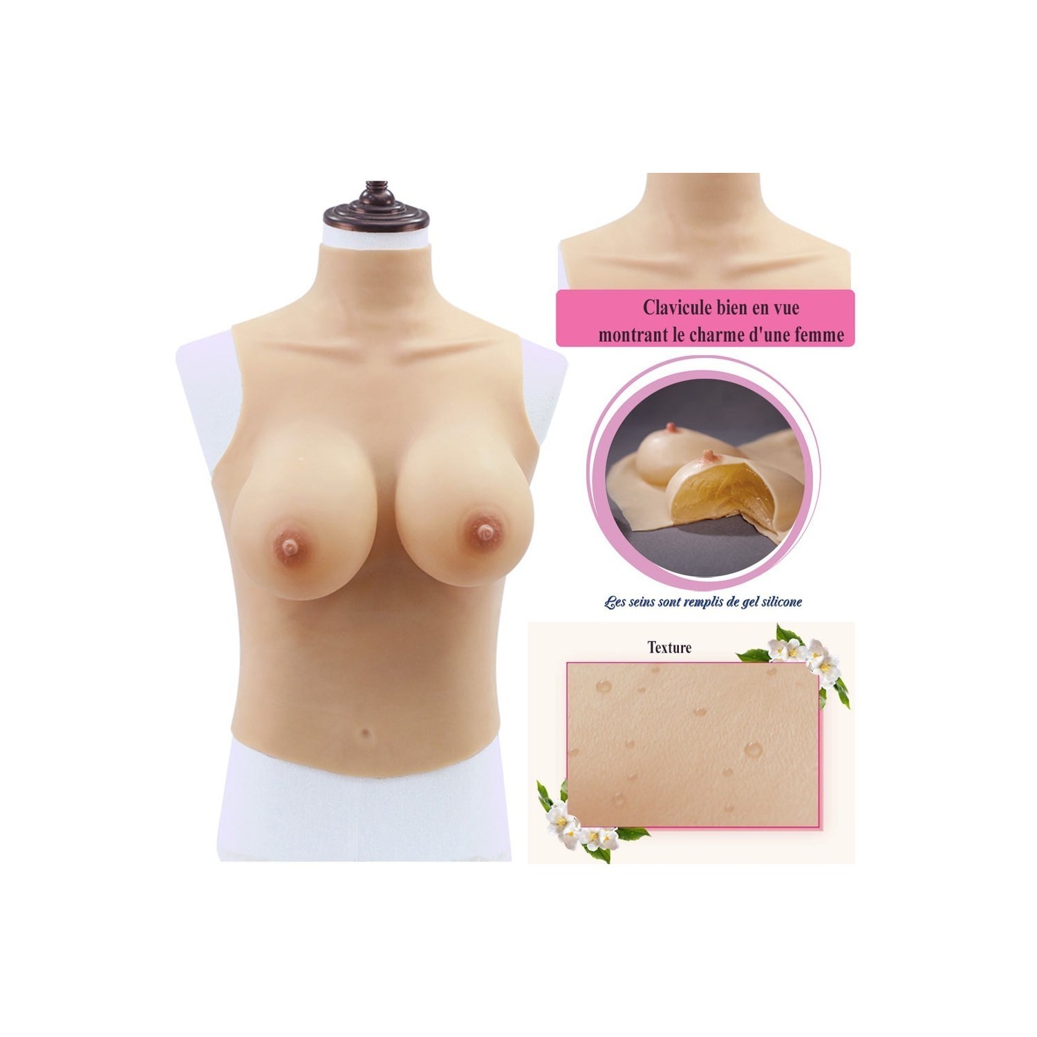 Buste long faux seins 100% silicone col haut, bonnet C-D