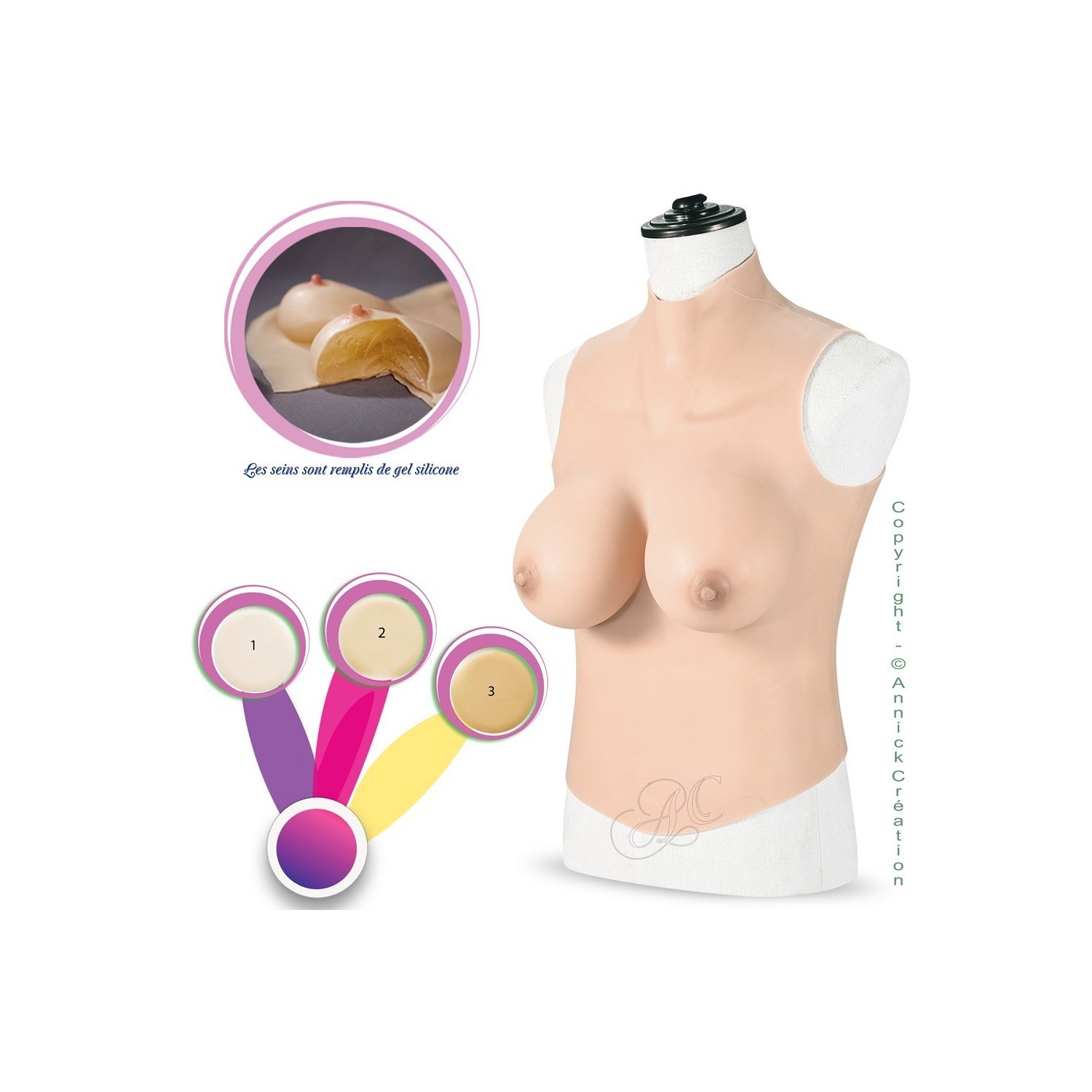 Buste long faux seins col haut, 100% silicone, C-D