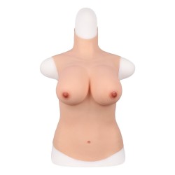 Buste long faux seins silicone, col haut, Bonnet D