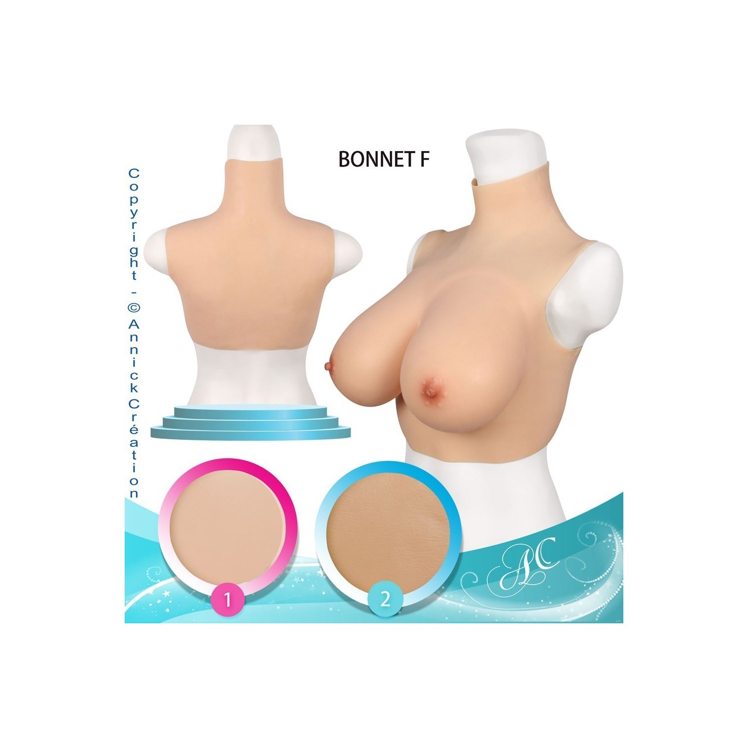 Buste faux seins silicone, col haut, bonnet F