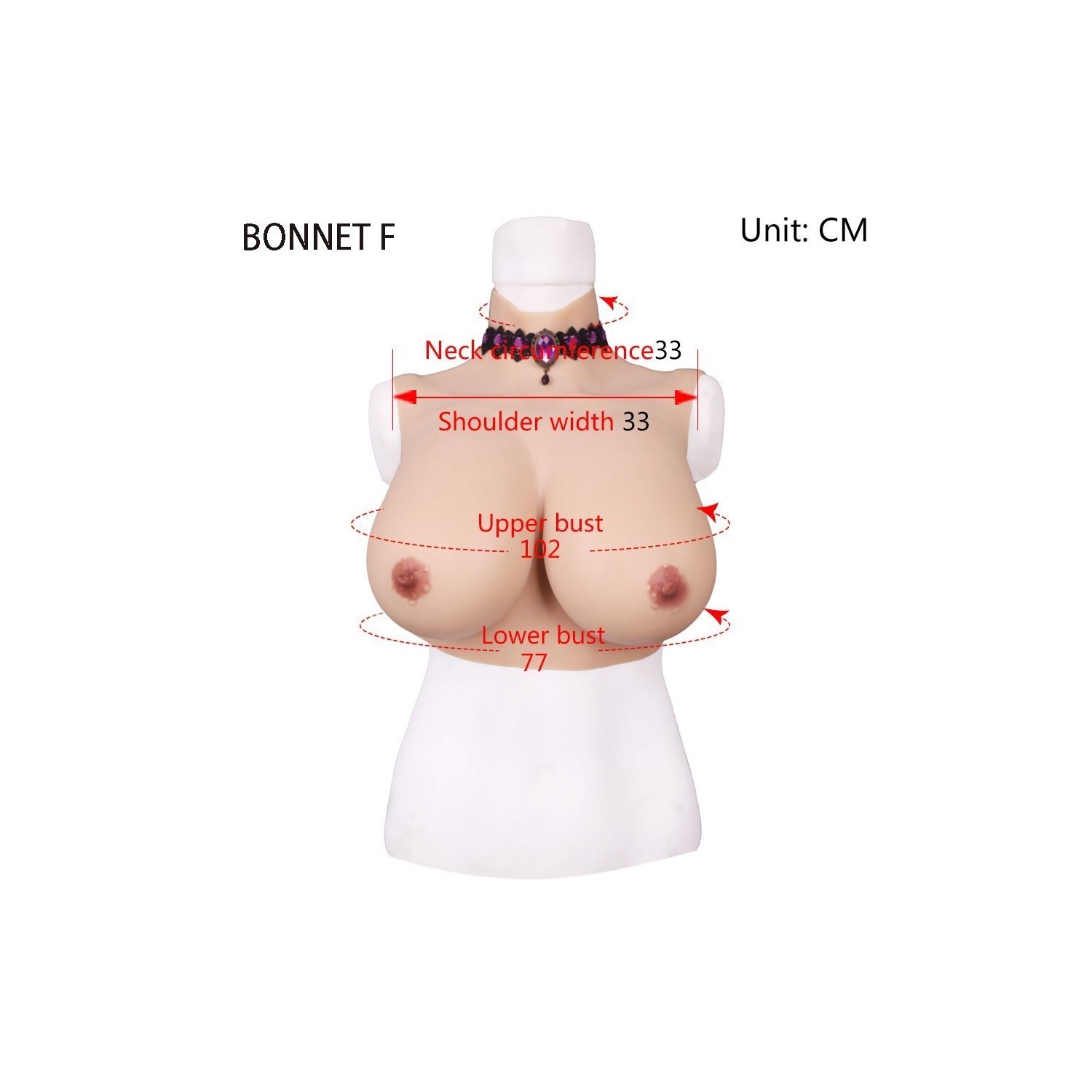 Buste faux seins silicone, col haut, bonnet F