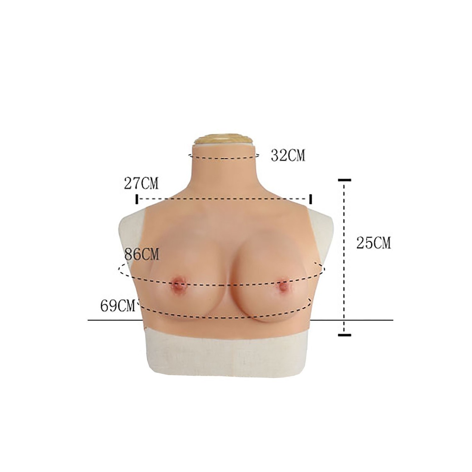 Buste faux seins silicone, col haut, Bonnet B