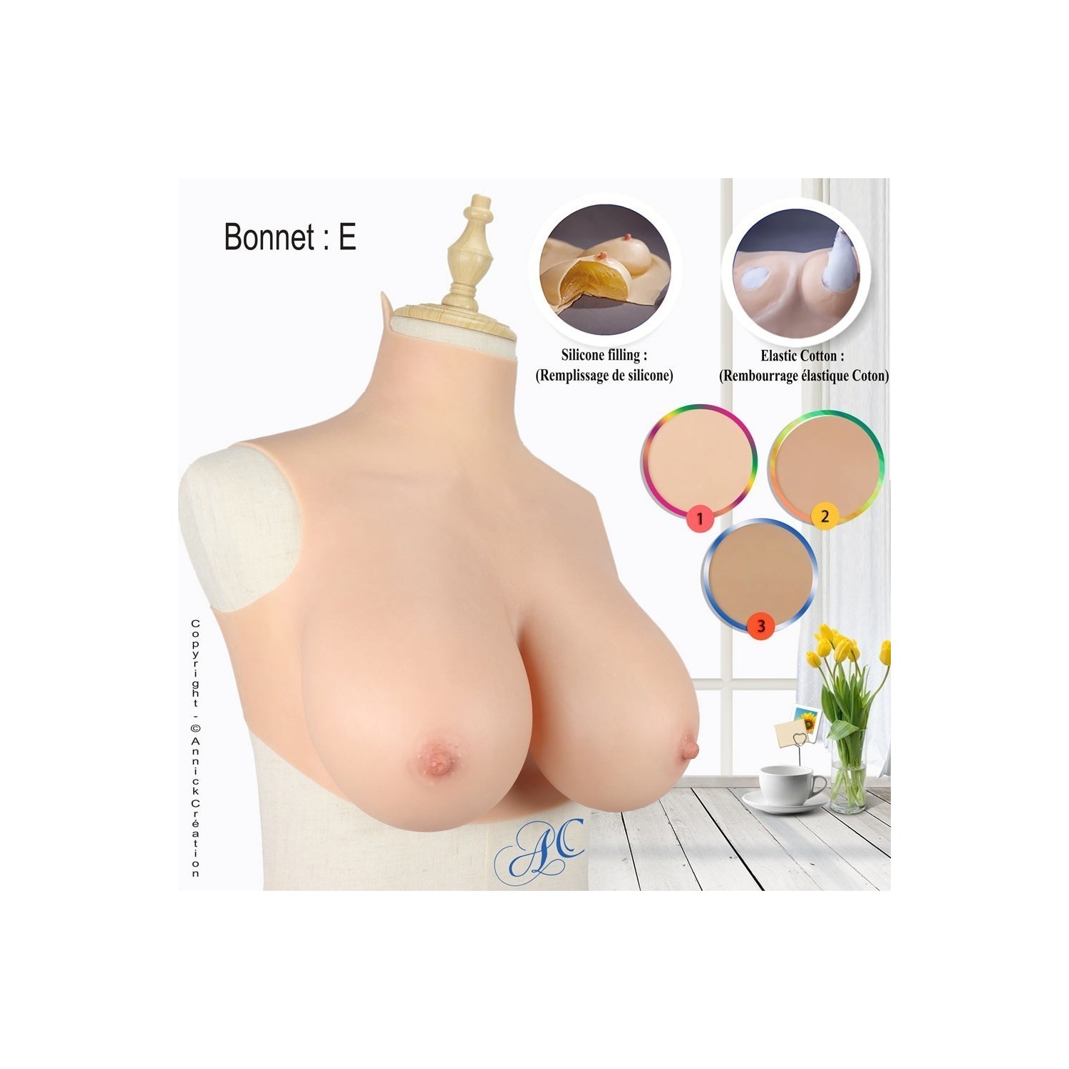 Buste poitrine volumineuse en silicone, col haut