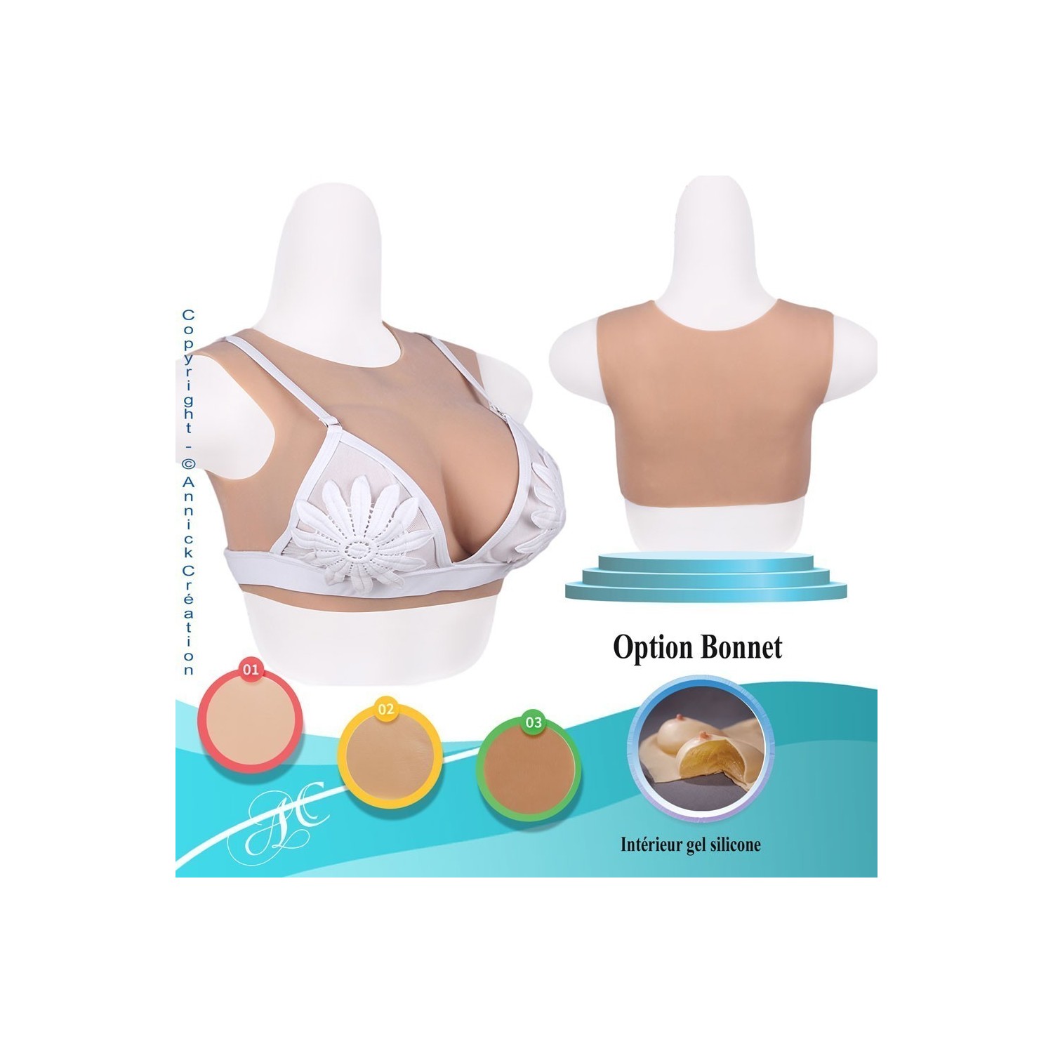 Buste faux seins, encolure ronde, 100% silicone