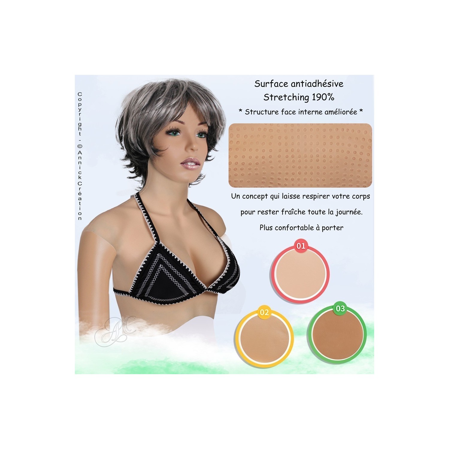 Buste faux seins new design, en silicone, col haut