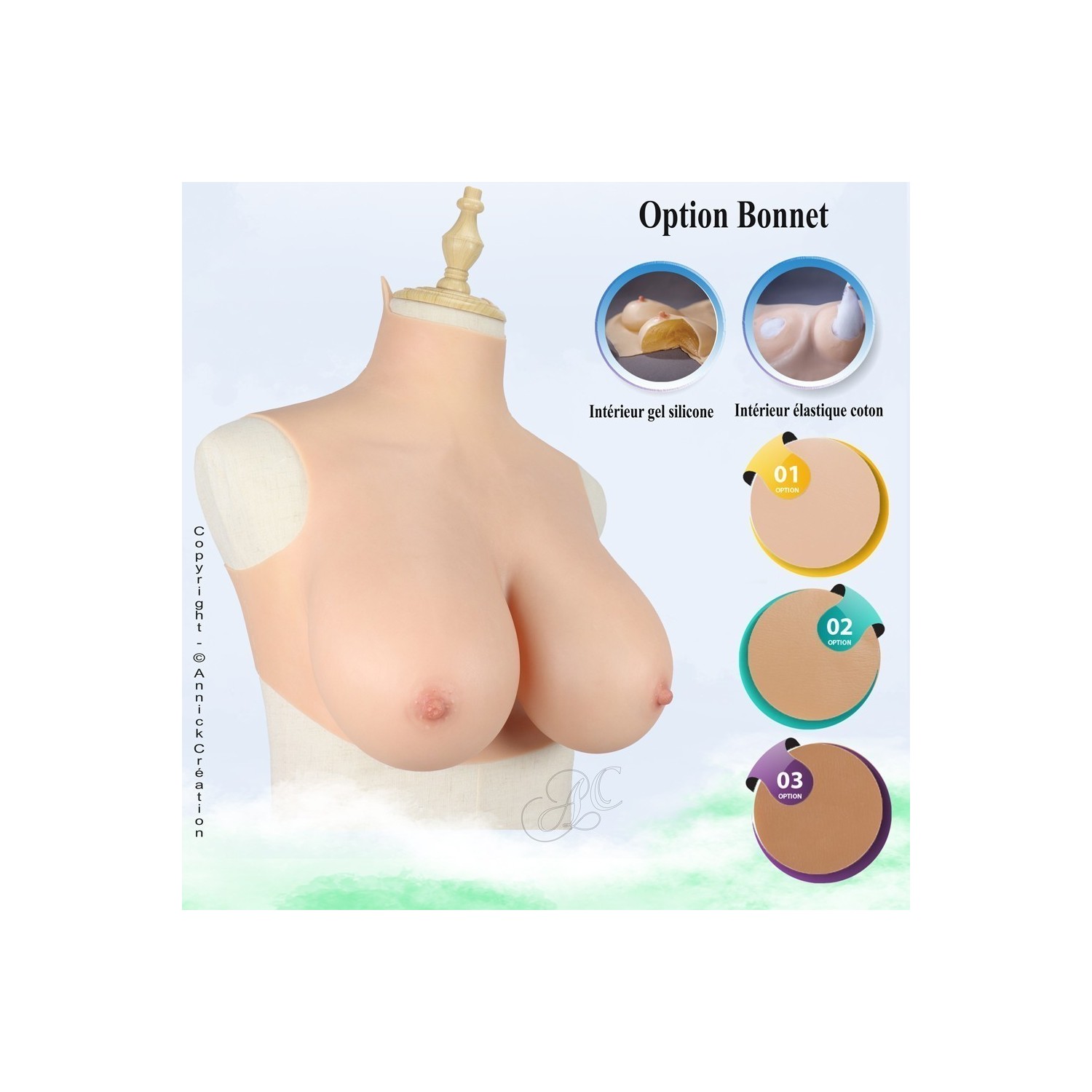 Buste faux seins, silicone, col haut, Bonnet B-C-D-E-G-H