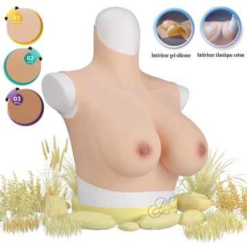 Buste faux seins silicone, col haut, bonnet E